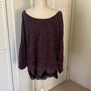 Love & Legend Black,Red, and Blue Floral 3/4 Sleeve Blouse, Lace Trim size 16‎